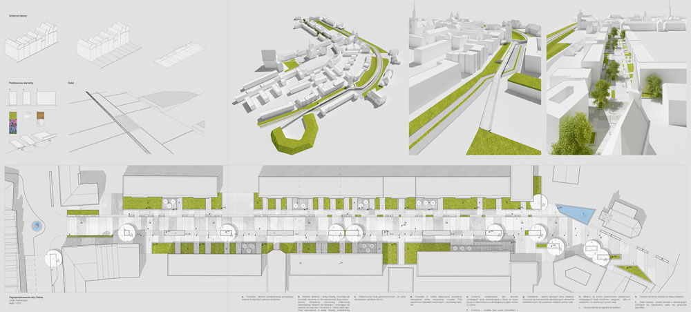 Sytuacja, schematy, aksonometrie Projekt rynku w Nysie