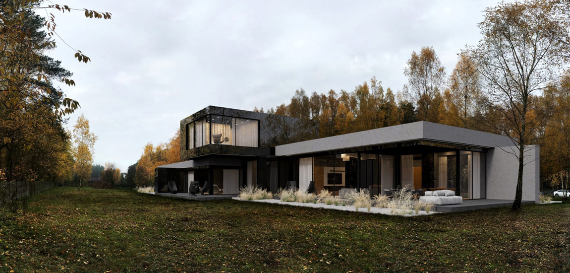 Surowa bryła domu w otoczeniu lasu pracowni REFORM Architekt