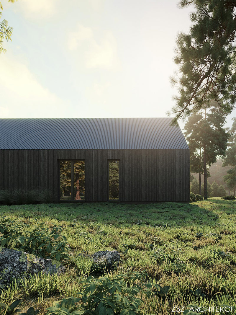 Dom w kształcie nowoczesnych stodół na porośniętej sosnami działce