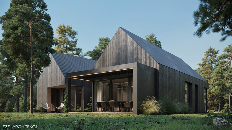 Dom w kształcie nowoczesnych stodół na porośniętej sosnami działce
