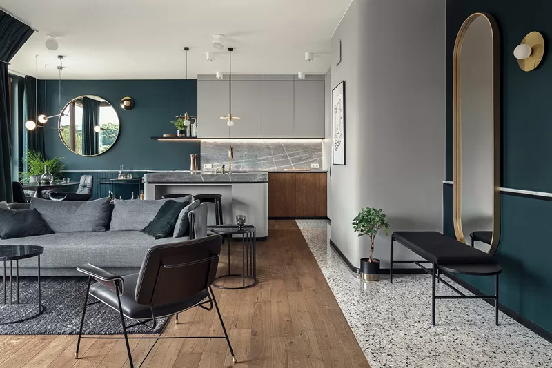 Naturalne materiały i geometryczne formy w stylowych wnętrzach apartamentu