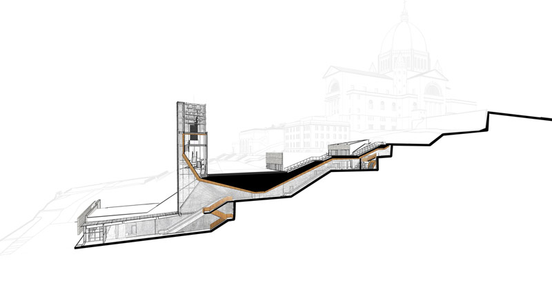 Świetlisty Pawilon Powitalny przy zabytkowym kościele w Montrealu